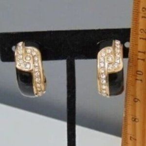 Vtg Swarovski Crystal Gold Metal Black Enamel Hoop Clip Earrings Swan Logo XLNT
